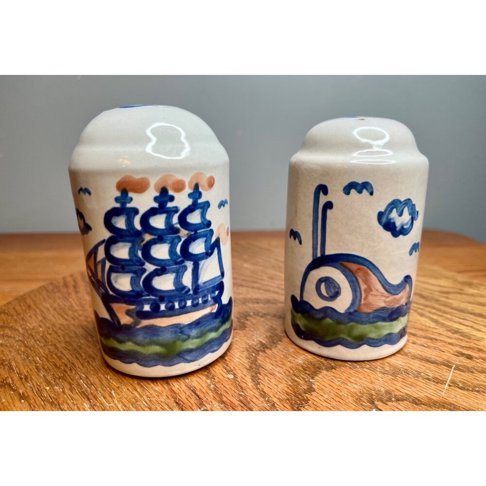Large M.A. Hadley Pottery Ship & Whale  Salt and Pepper Shakers 4 3/4" x 2 1/2”